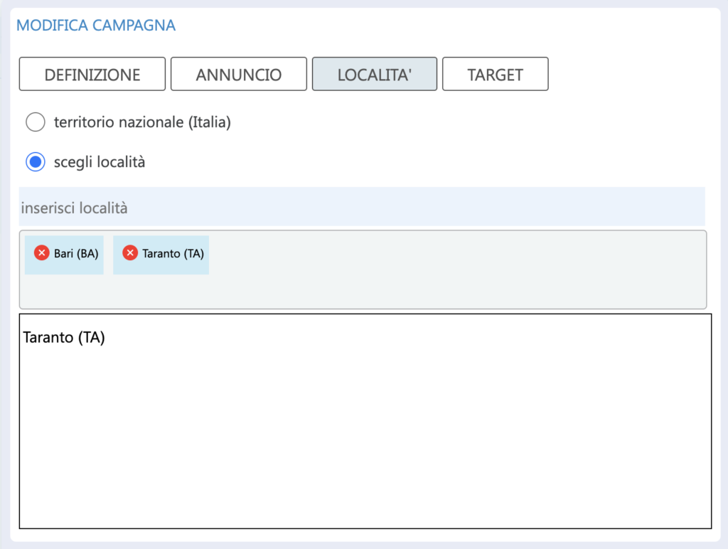 imposta località target per annuncio linkedin ads
